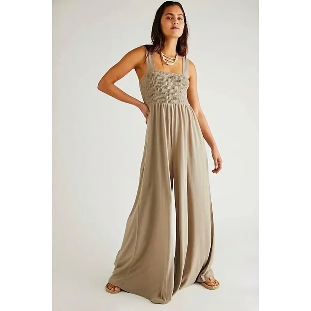 Free People Tan Wide-Leg Jumpsuit